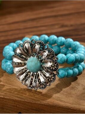 Western Beaded Stretch Bracelet with Floral Accent